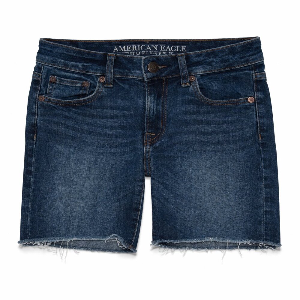 AMERICAN EAGLE Skinny Bermuda Medium Wash Raw Hem Blue Jean Stretch Shorts Sz 2